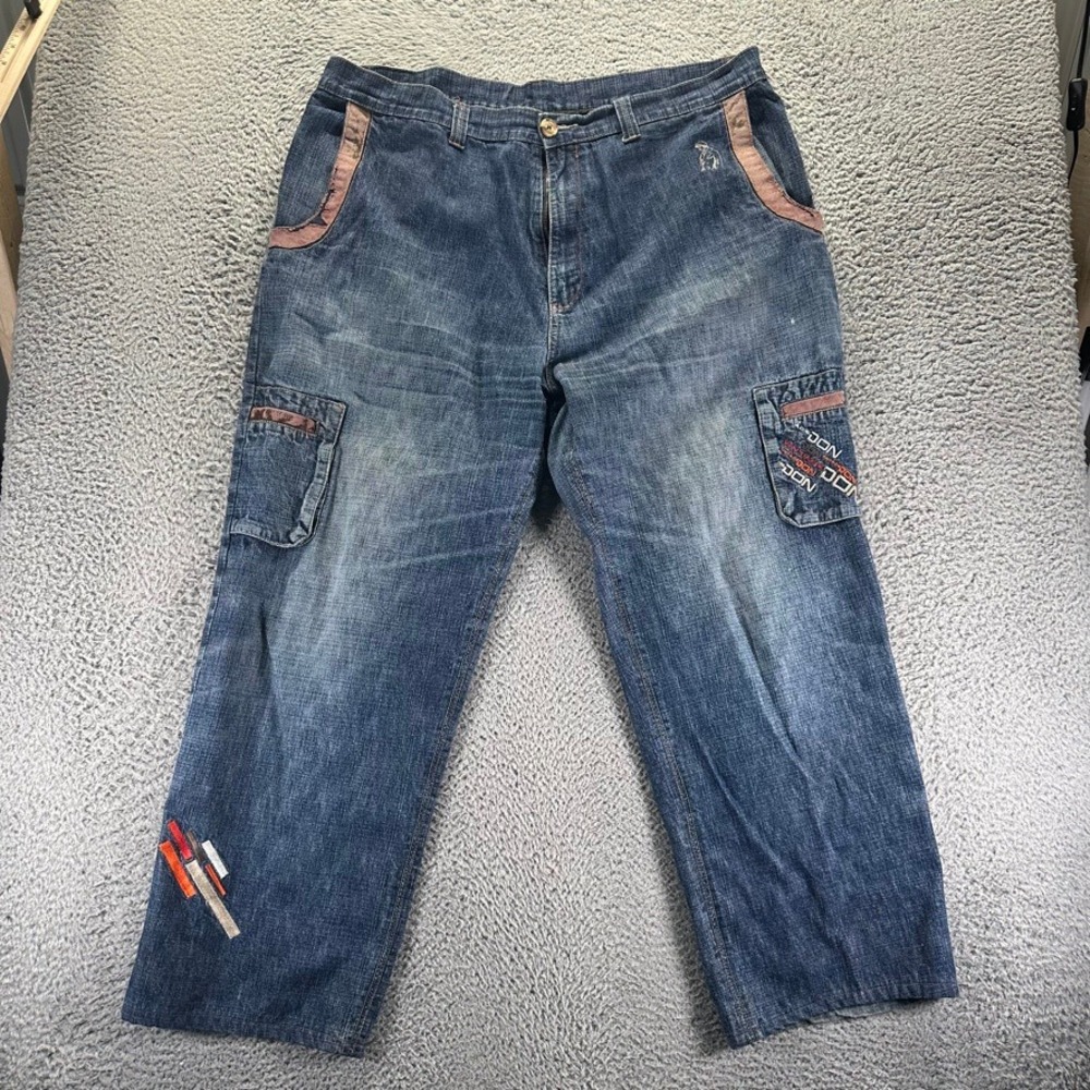 Vintage Don Jeans Mens Blue Denim Embroidered Cargo Baggy Size 44x32